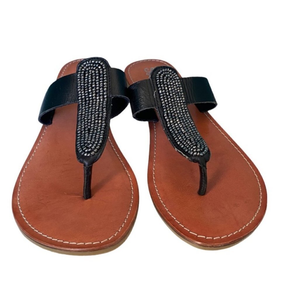 SEYCHELLES Thong Sandals Flip Flops Womens Size 9 Black Tan Gems